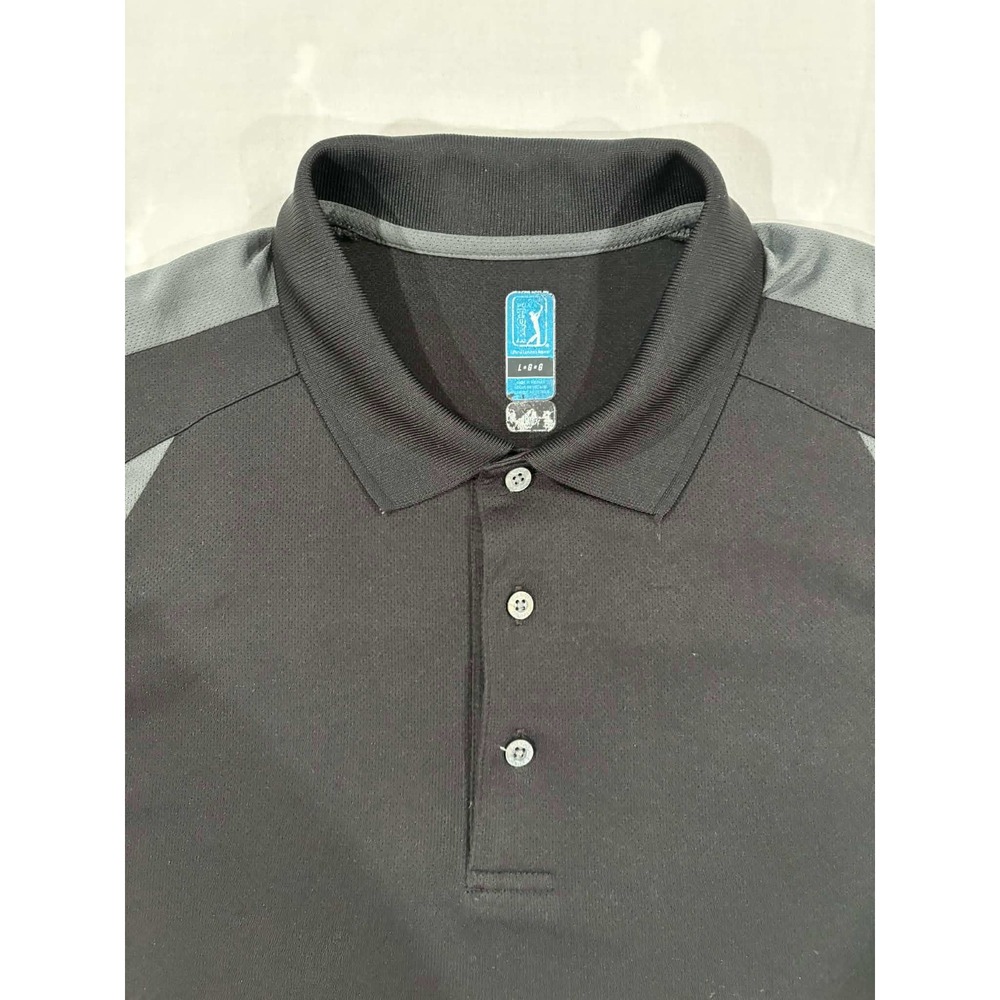 PGA Tour Mens Polo Shirt Large Black Grey Colorblock Performance Golf Mesh Top - Picture 2 of 9